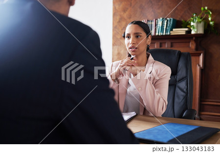 Legal, lawyer and woman with client, conversation and advice for problem, explain contract and office. Female attorney, man or employee in workplace, discussion or consultation for planning or advice 133043183