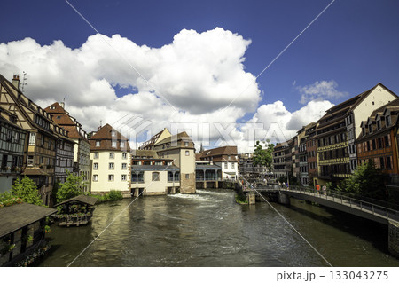 Old town water canal of Strasbourg, Alsace, France. Traditional half timbered houses of Petite France at dawn 133043275