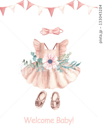 Watercolor baby shower, conformation or christening invitation for a baby girl with pink dress, sandals and anemone bouquet with pink bunting. Perfect for newborn party or birth celebration, gender 133043284