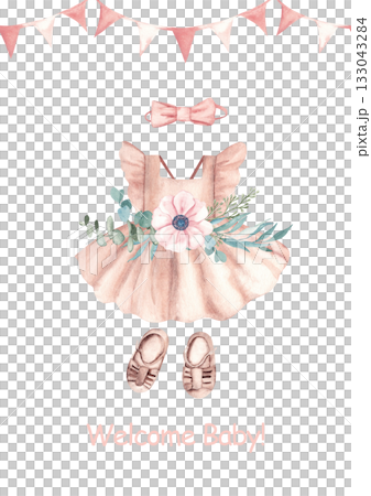 Watercolor baby shower, conformation or christening invitation for a baby girl with pink dress, sandals and anemone bouquet with pink bunting. Perfect for newborn party or birth celebration, gender 133043284