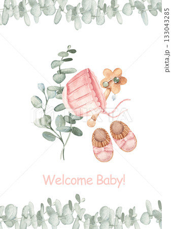 Watercolor baby shower, conformation or christening invitation for a baby girl with pink bonnet and booties with wooden rattle and eucalyptus bouquet. Perfect for newborn party or birth celebration 133043285