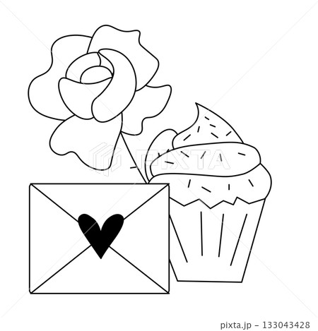 Happy Valentines day Love letter, rose, cupcake Valentine's Day composition. Vector graphic line illustration. Design element for web graphic design poster tattoo. Coloring page art therapy 133043428
