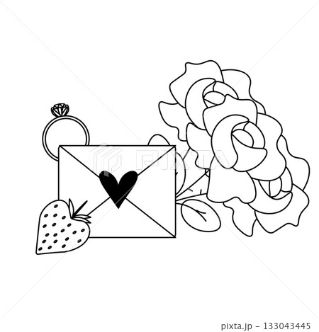 heart letter with ring, roses, strawberry Valentine's Day composition. Vector graphic line illustration. Banner, poster, wrapping paper, sticker, print, modern textile design. heart letter with ring, roses, strawberry Valentine's Day composition. Vector graphic line illustration. Banner, poster, wrapping paper, sticker, print, modern textile design. 133043445