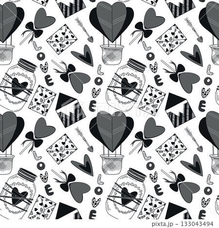 Seamless vector pattern for Valentine's Day. Balloons in the form of hearts, love letters, Cupid's arrows. Everything is hand-drawn in ink and translated into vector. For printing on paper and fabric. 133043494