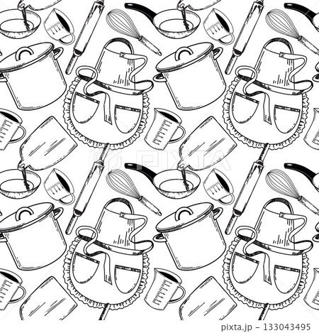 A seamless vector pattern on the theme of the kitchen, a cooking apron, a fire pit, a frying pan, a rolling pin, other kitchen utensils hand-drawn. For printing on kitchen textiles, kitchen packaging. 133043495
