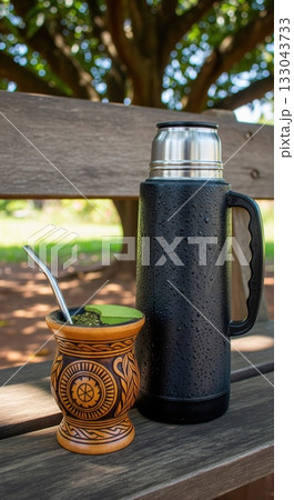Traditional terere set with a calabash gourd and thermos for making cold yerba mate tea 133043733