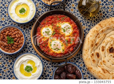 Traditional Saudi breakfast spread with shakshuka eggs foul medames labneh dates flatbread 133043755