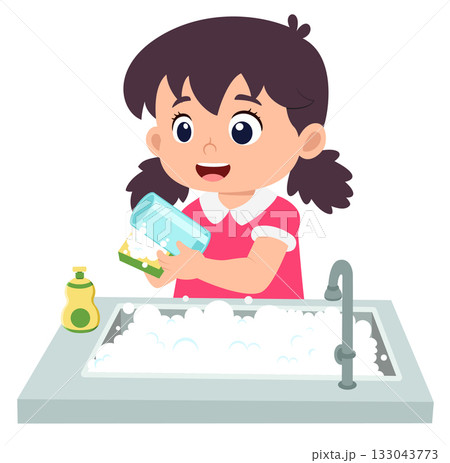 happy cute little girl washing dish in the kitchen of illustration happy cute little girl washing dish in the kitchen of illustration 133043773