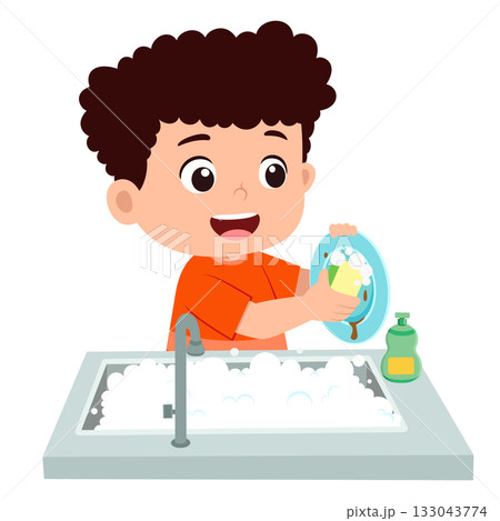 happy cute little boy washing dish in the kitchen of illustration 133043774