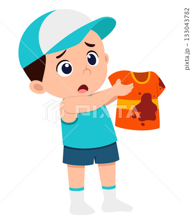 Boy was sad to see his clothes dirty with mud of illustration 133043782