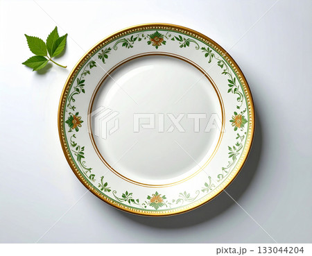 Classic patterns. Ceramic plate with a green and gold pattern on a white background. Porcelain kitchenware. Close-up. Top view. 133044204