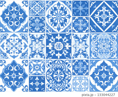 Side light. Texture of ceramic tiles with geometric patterns in blue color. English style. Building materials. Design mockup and background. 133044227
