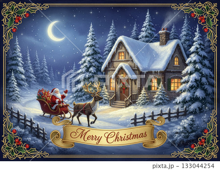 雪が降る冬の森のクリスマスカード_No.000001_H 133044254