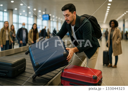 空港の手荷物受取所でスーツケースを受け取る旅行者 133044323