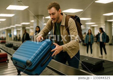空港の手荷物受取所でスーツケースを受け取る旅行者 空港の手荷物受取所でスーツケースを受け取る旅行者 133044325