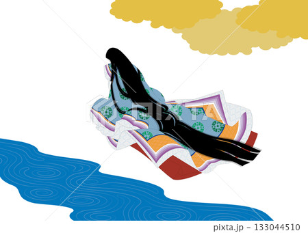 日本の歴史的伝統衣装「袿」を着た後ろ姿の女性。雲と川の背景イラスト 133044510