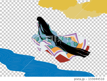 日本の歴史的伝統衣装「袿」を着た後ろ姿の女性。雲と川の背景イラスト 133044510