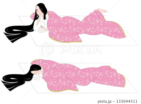 日本の平安時代風の若い女性が寝床で物思いにふけり眠るイラスト 133044511