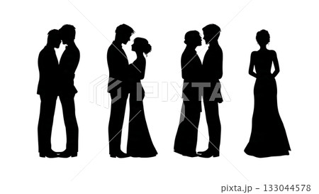 Relaxed Wedding Couple Leaning Back-to-Back Silhouette Relaxed Wedding Couple Leaning Back-to-Back Silhouette 133044578