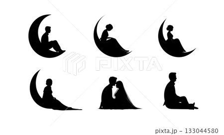 Wedding Couple on Crescent Moon Silhouette Set Wedding Couple on Crescent Moon Silhouette Set 133044580