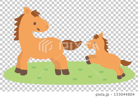 一幅可愛的馬和它的寶寶的向量插圖 133044804