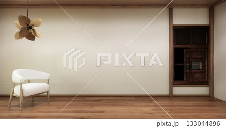 arm chair and decoration japanese on Modern room interior wabisabi style.3D rendering arm chair and decoration japanese on Modern room interior wabisabi style.3D rendering 133044896