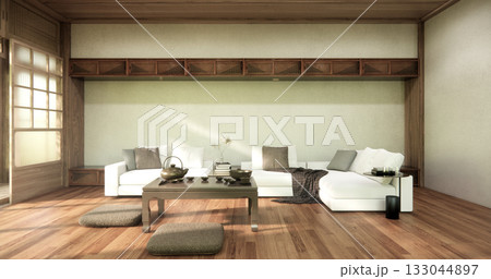 arm chair and decoration japanese on Modern room interior wabisabi style.3D rendering arm chair and decoration japanese on Modern room interior wabisabi style.3D rendering 133044897