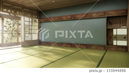 Tatami mat floor on Empty blue room Japanese tropical style. 3D rendering Tatami mat floor on Empty blue room Japanese tropical style. 3D rendering 133044898