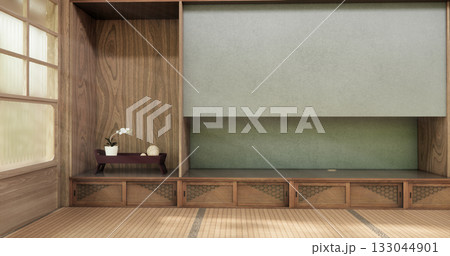 Tatami mat floor on Empty blue room Japanese tropical style. 3D rendering 133044901