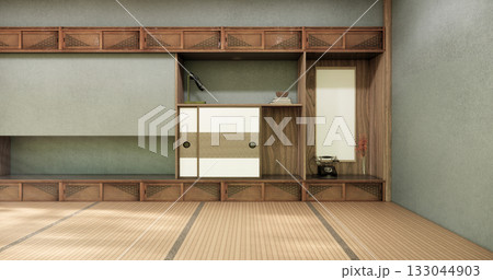Tatami mat floor on Empty blue room Japanese tropical style. 3D rendering 133044903
