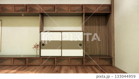 Concept Empty room and wood floor with shelf wall background 3D illustration rendering Concept Empty room and wood floor with shelf wall background 3D illustration rendering 133044959