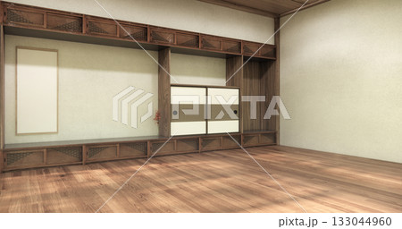 Concept Empty room and wood floor with shelf wall background 3D illustration rendering Concept Empty room and wood floor with shelf wall background 3D illustration rendering 133044960