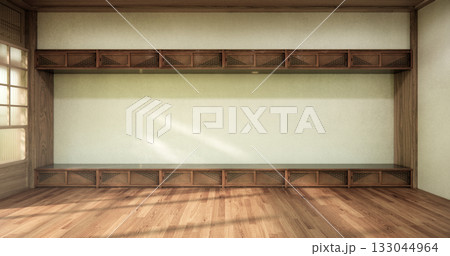 Concept Empty room and wood floor with shelf wall background 3D illustration rendering Concept Empty room and wood floor with shelf wall background 3D illustration rendering 133044964