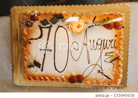 Celebration Cake with Chocolate Decorations for 70th Birthday 133045016