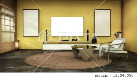 yellow color wall Mini sofa armchair on interior design modern living room Japanese style.3D rendering 133045056