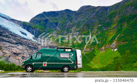 Camper van and Boyabreen Glacier in Norway Camper van and Boyabreen Glacier in Norway 133046470