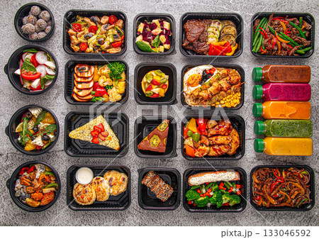 Healthy meal prep set with juices and snacks Healthy meal prep set with juices and snacks 133046592