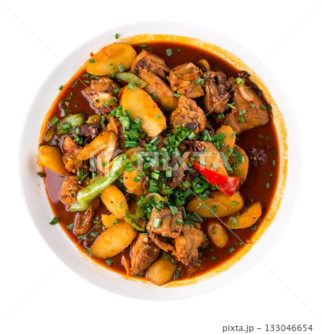 Isolated dapandji chicken stew with potatoes and peppers 133046654
