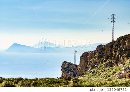 High voltage towers on spanish coast 133046751