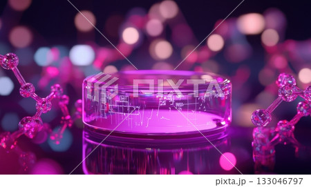 Futuristic laboratory concept with glowing petri dish and molecular structure in pink neon light Futuristic laboratory concept with glowing petri dish and molecular structure in pink neon light 133046797