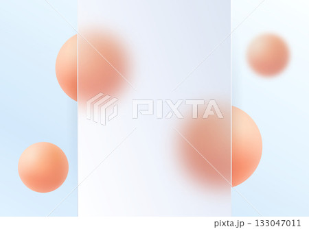 Abstract composition with vertical matte panel and soft blurred orange spheres on pale blue gradient background, glassmorphism style. 133047011