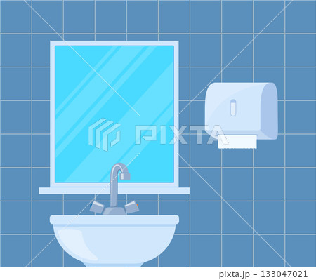 Bright public toilet interior composition with big mirror and washbasin, paper towel dispenser. Vector illustration. Bright public toilet interior composition with big mirror and washbasin, paper towel dispenser. Vector illustration. 133047021