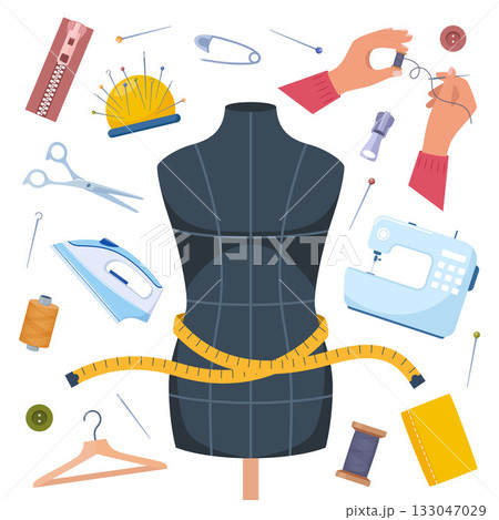 Sewing studio icons. Various sewing tools. Needles, scissors, yarn, sewing machine, buttons, spools, threads. Vector illustration. Sewing studio icons. Various sewing tools. Needles, scissors, yarn, sewing machine, buttons, spools, threads. Vector illustration. 133047029