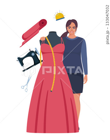Fashion designer in studio. Woman near mannequin. Fashion, trend and style. Seamstress or tailor in workshop. Aesthetics and elegance. Vector illustration Fashion designer in studio. Woman near mannequin. Fashion, trend and style. Seamstress or tailor in workshop. Aesthetics and elegance. Vector illustration 133047032