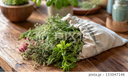 Fresh herbs are carefully placed in a linen bag, showcasing the beauty of homegrown food and eco-friendly gardening 133047146