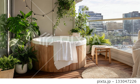 A relaxing hot tub sits on a sunny balcony surrounded by greenery, creating a calm space for self-care and stress relief A relaxing hot tub sits on a sunny balcony surrounded by greenery, creating a calm space for self-care and stress relief 133047226