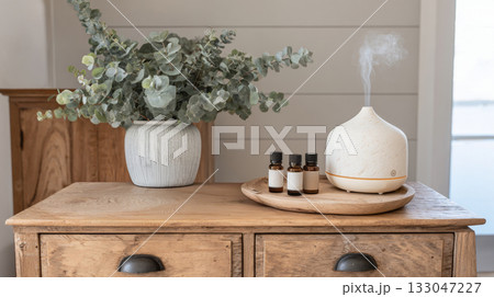 Transform your space into a peaceful aromatherapy zone focused on relaxation and self-care with natural elements 133047227