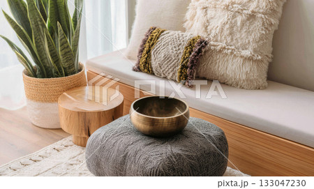 A tranquil corner with Tibetan bowls encourages relaxation and wellness in a cozy home setting for self-care 133047230