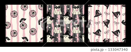 Seamless Vector Pattern Set In Retro Pink Halloween Eyeballs Ribbons, Cute Ghosts In Costumes, Witch Hats With Bows On Striped Background. Seamless Vector Pattern Set In Retro Pink Halloween Eyeballs Ribbons, Cute Ghosts In Costumes, Witch Hats With Bows On Striped Background. 133047340