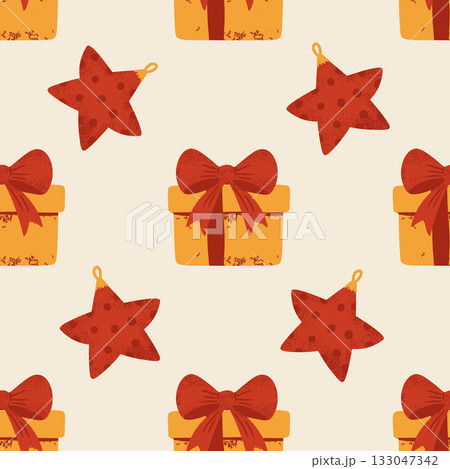 Retro Seamless Holiday Pattern With Red Star Decorations And Christmas Gift Boxes Beige Retro Seamless Holiday Pattern With Red Star Decorations And Christmas Gift Boxes Beige 133047342